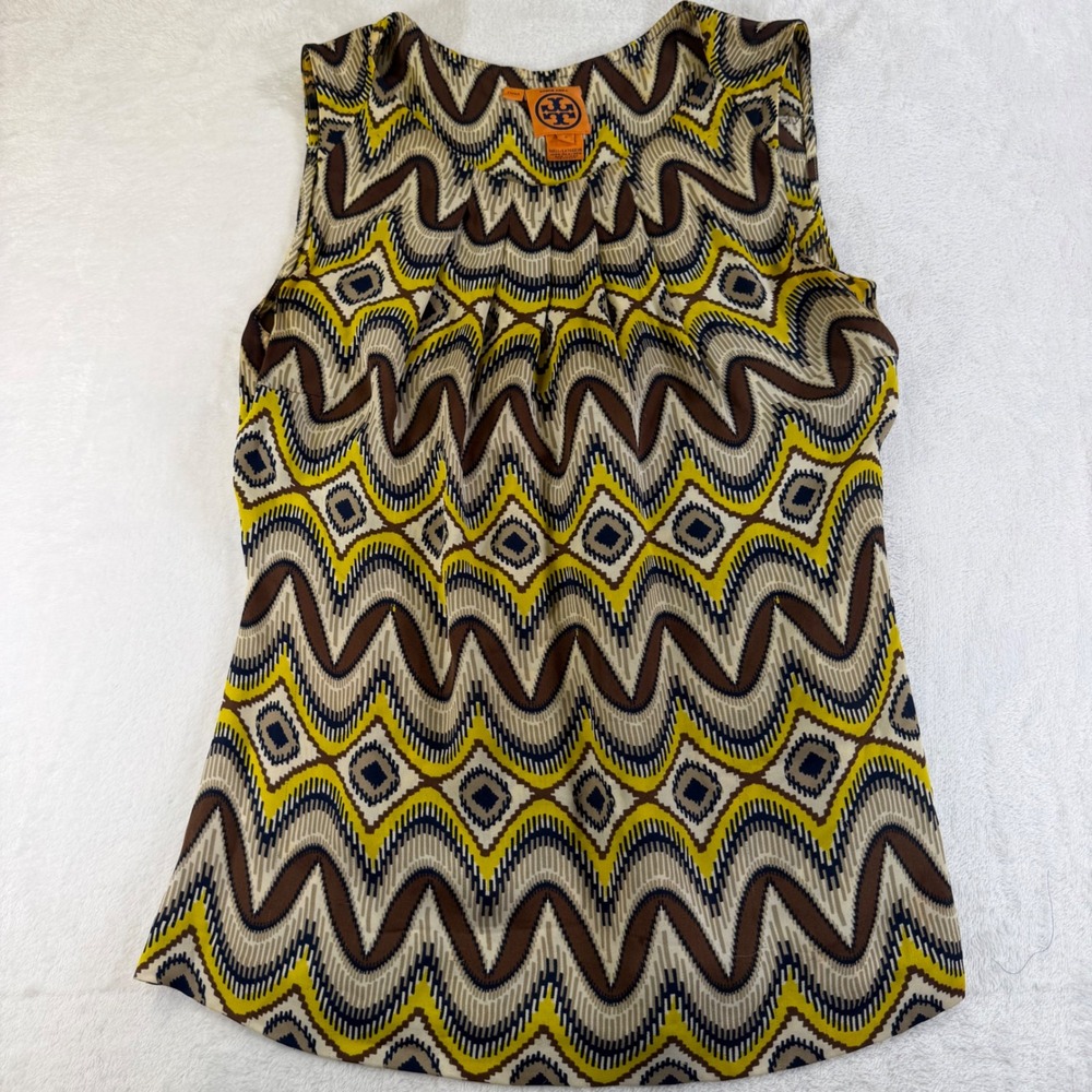 Tory Burch Womens Silk Sleeveless Geometric Print Pleated Blouse Yellow Brown 8